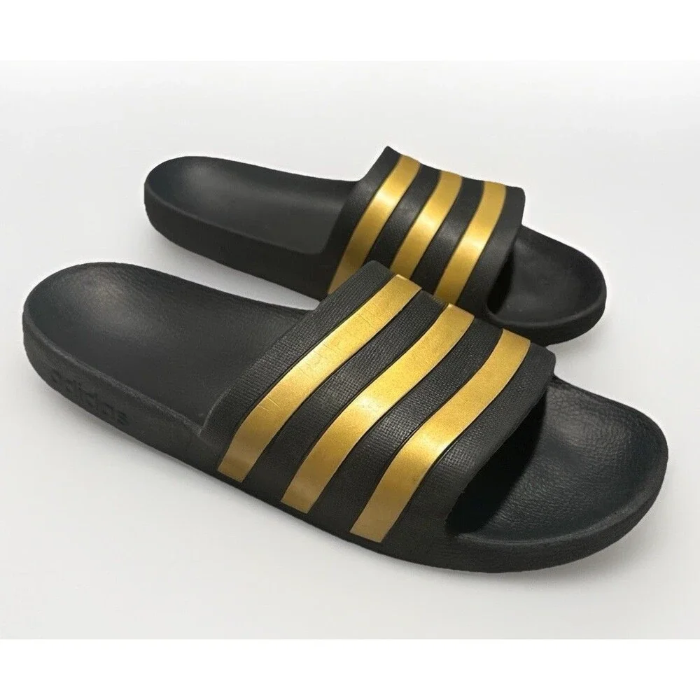 Adidas Adilette Aqua Slides Mens Size 12 Sandal Shoe Black/Gold Metallic EG1758
